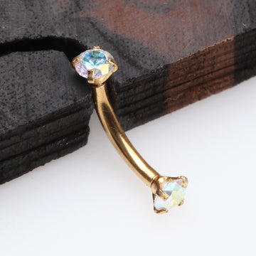 Detail View 1 of Golden Prong Set Gem Sparkles Internally Threaded Curved Barbell-Aurora Borealis